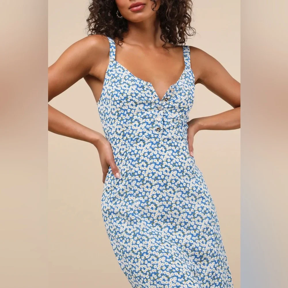 Lulus Darling Daisies Blue Floral Print Midi Dress - Size M - Picture 5 of 11
